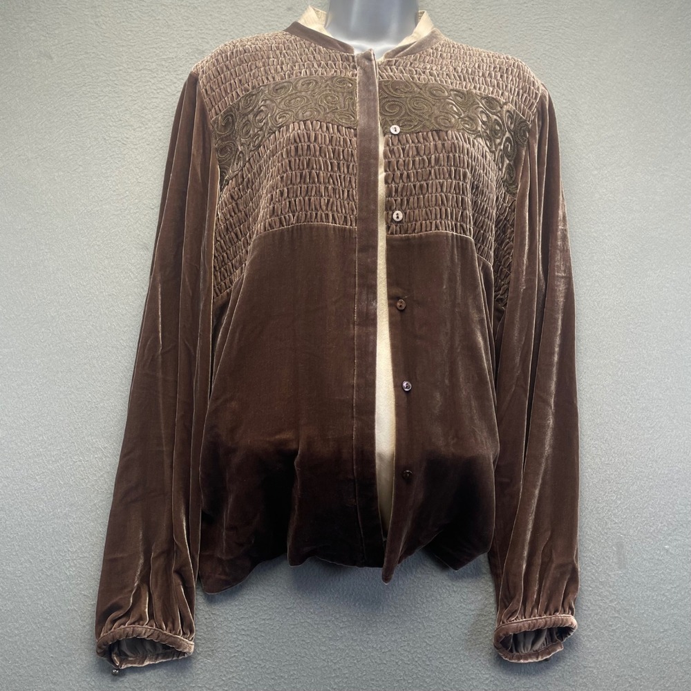 Sigrid Olsen Women Textured Blouse Brown XL Button Up Boho Artisan Top